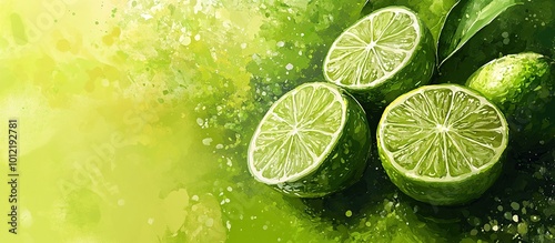 Lime Slices, Green Watercolor Background