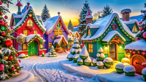 Enchanting Whoville Inspired Village with Colorful Houses and Festive Decorations Surrounded by Snow