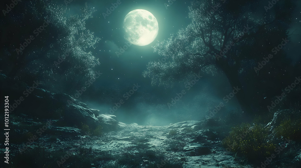 Nighttime Forest Path with Full Moon Illustration Nighttime Forest Path with Full Moon Illustration