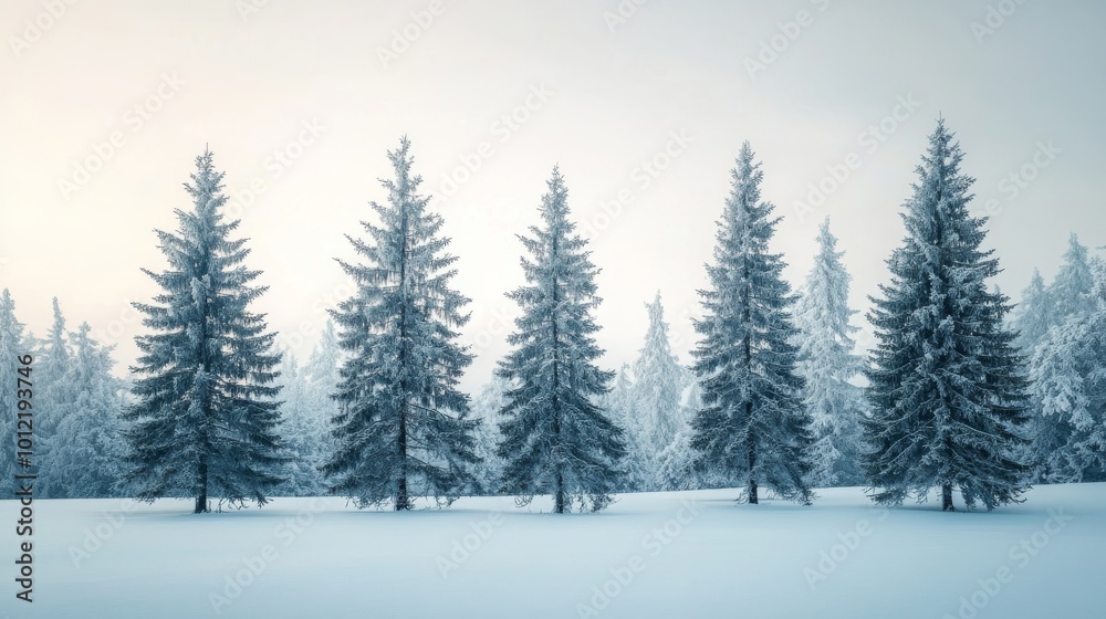 A snowy winter scene with a forest of tall pine trees. The silhouette of the trees stands out against the winter sky.
