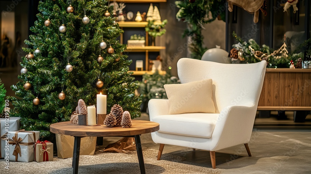 Fototapeta premium Warm living room interior decorated for Christmas with a tree, balls, presents, a wooden coffee table, a white armchair, a candle, a wooden console, and individual items. interior design. 
