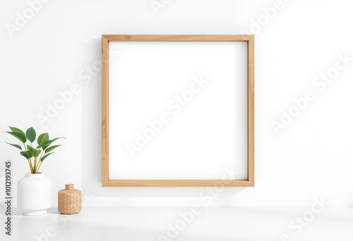 Wooden Frame Mockup with Plant and White Vase on Table.
