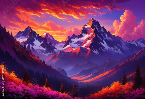 colorful stunning sunset over majestic mountain silhouettes highlighting purple hues sky, clouds, colors, nature, palette, landscape, orange, pink, vibrant