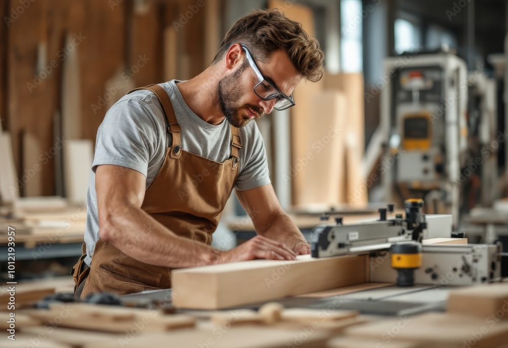 Carpenter working with a wood cutting machine in a workshop. Carpenter working with a wood cutting machine in a workshop.