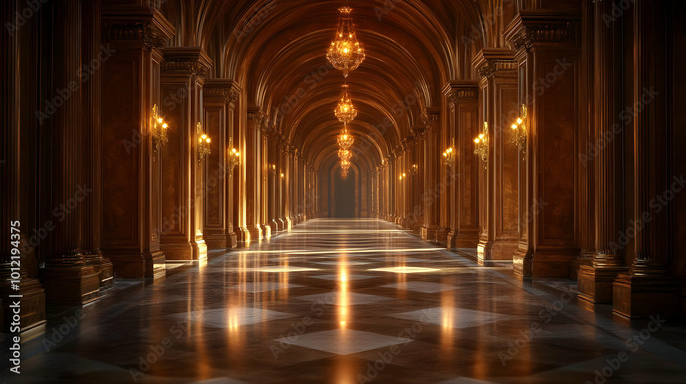 Obraz premium Golden Hallway with Arched Ceiling and Polished Floor - 3D Illustration