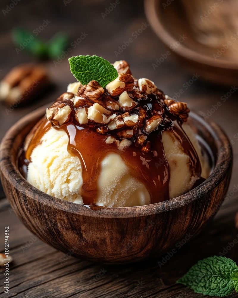 Close-Up of Creamy Ice Cream Scoop with Caramel Sauce and Nuts in Rustic Wooden Bowl Close-Up of Creamy Ice Cream Scoop with Caramel Sauce and Nuts in Rustic Wooden Bowl