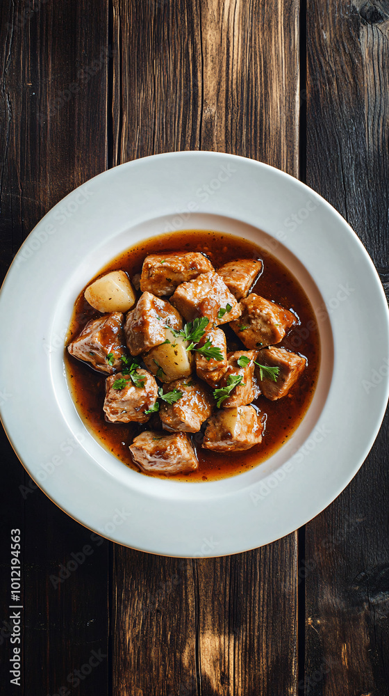 Piping hot bowl of savory beef stew sits on a quaint wooden table, providing a comforting and delicious meal Piping hot bowl of savory beef stew sits on a quaint wooden table, providing a comforting and delicious meal