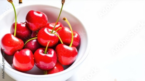 healthy eating and food concept - Cherries in white bowl. Cherry on white background photo