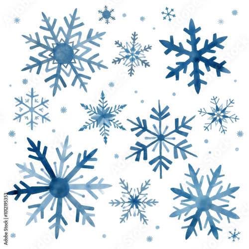  blue snowflakes of different shapes and sizes