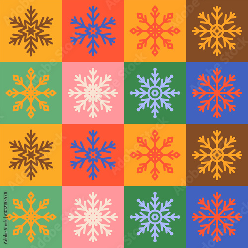 Snowflakes seamless pattern.Frozen Background.Decorative colorful elements for Christmas and New Year holiday.Bright various snow on colorful background.Winter collection.Vector illustration EPS 10.
