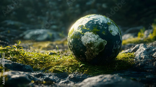 3D Rendered Globe on Moss Covered Rocks