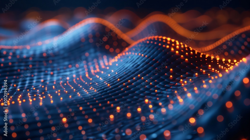 Blue wavy surface with glowing dots, creating futuristic tech pattern for science and internet designs Blue wavy surface with glowing dots, creating futuristic tech pattern for science and internet designs