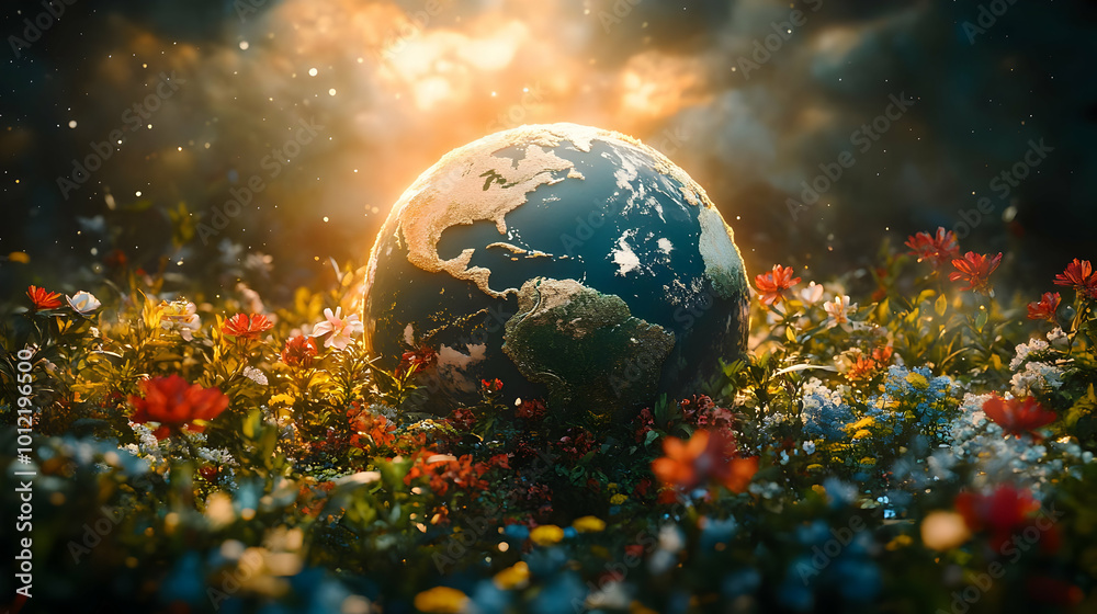3D Illustration of Earth Surrounded by Flowers 3D Illustration of Earth Surrounded by Flowers