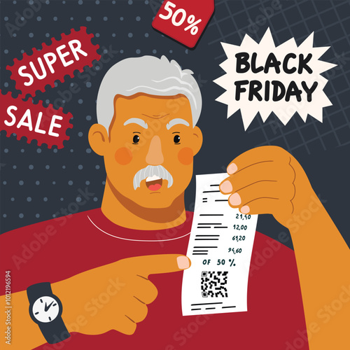 Black Friday poster template with elderly gray-haired man.Surprised male character points to a discount receipt.Cartoon background with hand written,textures.Vector design in flat color style.