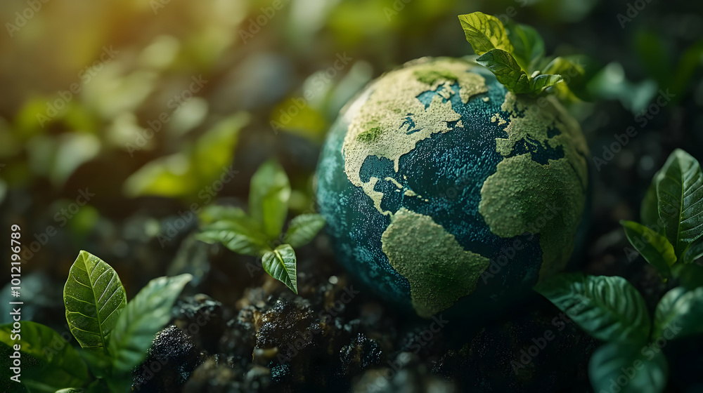 Green Earth Globe Surrounded by Lush Foliage - Realistic Image