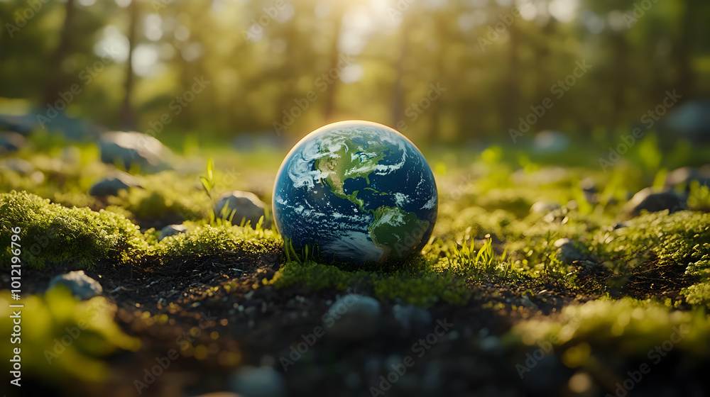 3D Earth Globe on Green Moss with Sun Rays 3D Earth Globe on Green Moss with Sun Rays