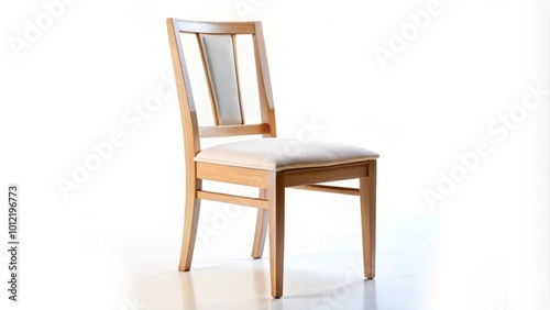 Beige wooden chair with white cushion isolated on white background