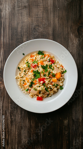 Wooden table with a white plate holding rice, vegetables, and herbs