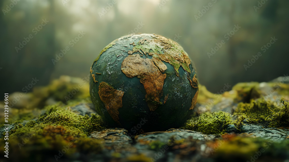 3D Earth Globe Resting on Mossy Rocks - Illustration 3D Earth Globe Resting on Mossy Rocks - Illustration