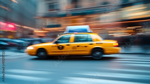 a yellow taxi cab driving down a street next to tall buildings