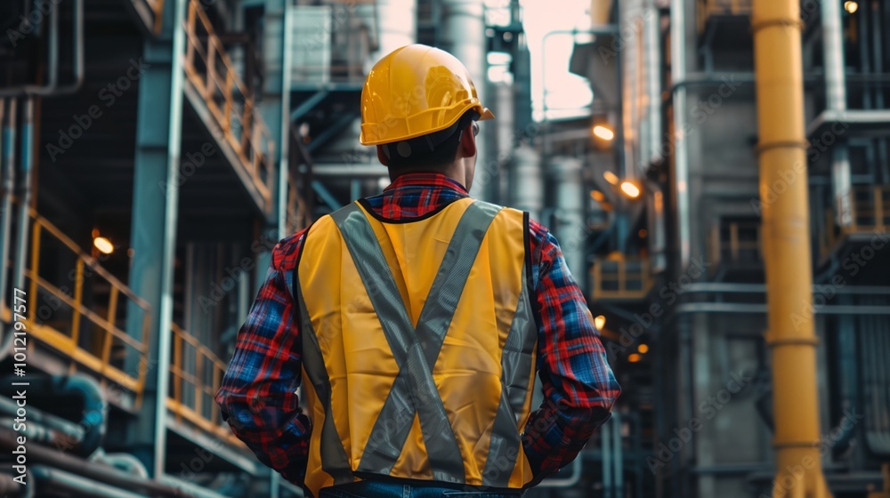 a man in a safety vest and hard hat standing in front of a factory building with pipes a man in a safety vest and hard hat standing in front of a factory building with pipes