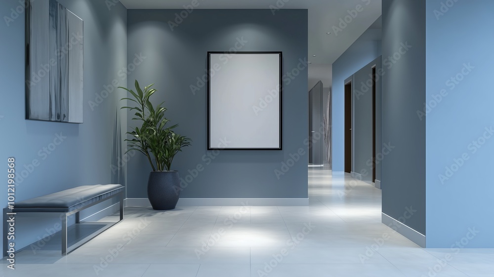 Modern Hallway with Minimalist Bench, Potted Plant, and Blank Wall Frame, Contemporary Interior Design for Office, Hotel, or Home Spaces, Perfect for Calm and Sleek Environments Modern Hallway with Minimalist Bench, Potted Plant, and Blank Wall Frame, Contemporary Interior Design for Office, Hotel, or Home Spaces, Perfect for Calm and Sleek Environments