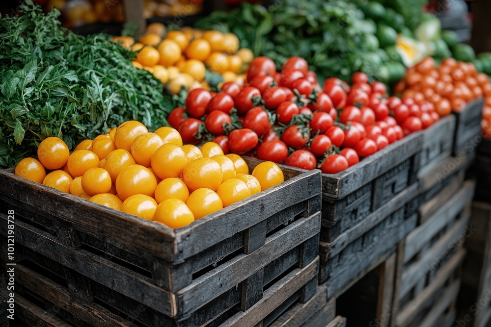 Fresh yellow and red tomatoes in wooden crates at a market stall. Fresh yellow and red tomatoes in wooden crates at a market stall.