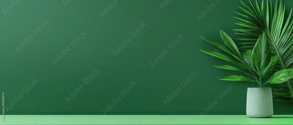 A serene green background featuring a lush palm leaf in a modern vase, perfect for nature-themed designs and minimalistic decor.