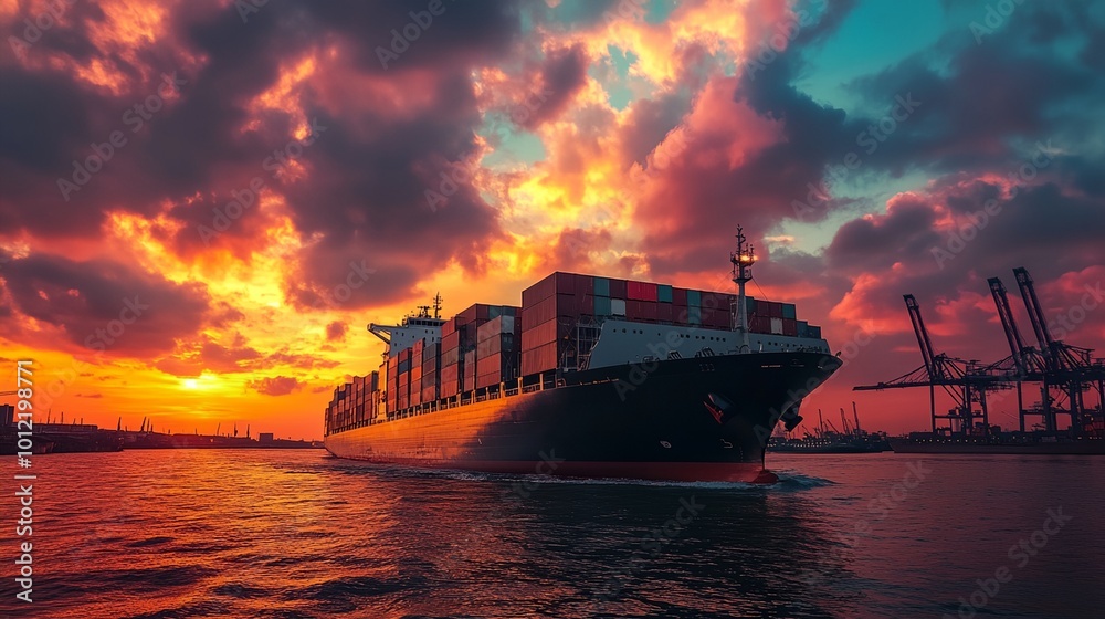 A large cargo ship is sailing through the ocean at sunset A large cargo ship is sailing through the ocean at sunset