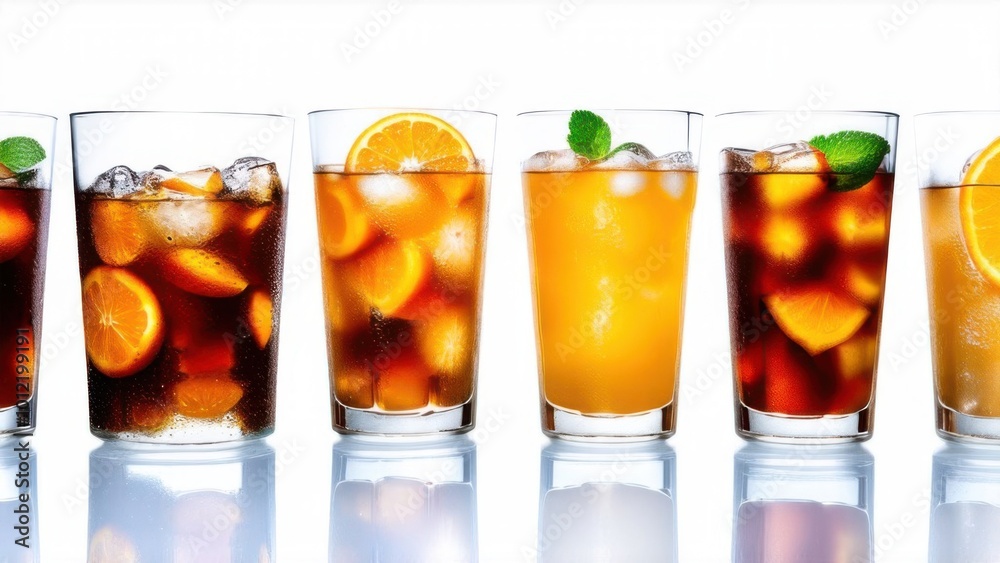 Set of cold soft drink difference flavor in tall glass cola, soda water, orange flavor in tall glass isolated with reflection on white background Set of cold soft drink difference flavor in tall glass cola, soda water, orange flavor in tall glass isolated with reflection on white background