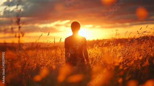 a person standing in a field of tall grass at sunset