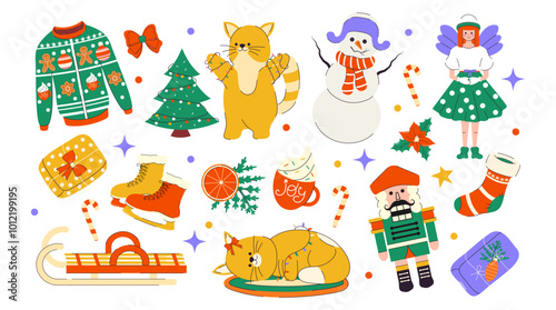 Holiday gifts. Happy New Year. Merry Christmas. Holly Jolly. December.  Stickers. Set boxes. Trendy collection. Hand drawn. Doodle. Cut out. Paper, bows, decorations, Christmas tree branch, toys, сat
