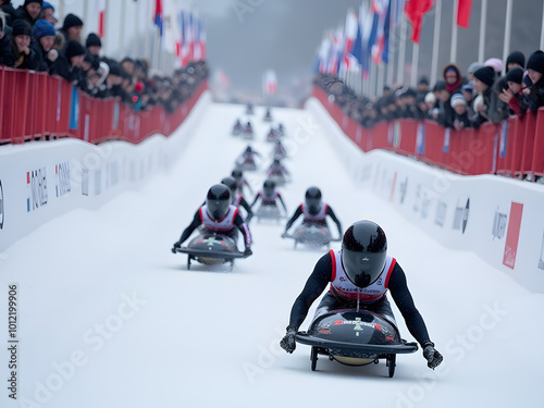 Φωτογραφία World Cup Bobsleigh competition, teams racing down icy tracks, spectators cheeri