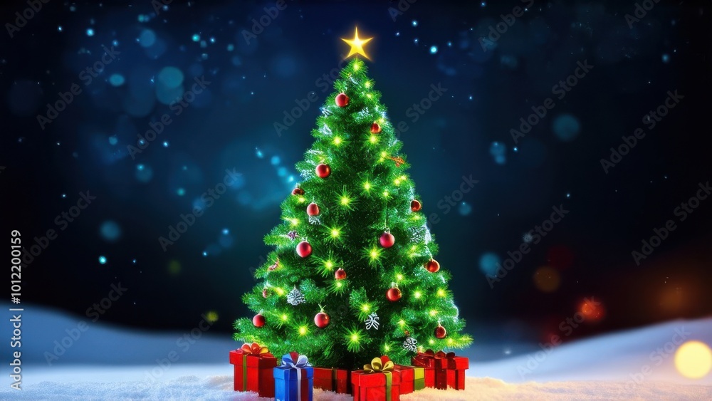 Christmas Card - Merry Christmas and Happy New Year 2025 - Christmas tree in snow and magic bokeh lights - winter background banner, header, xmas greetings Christmas Card - Merry Christmas and Happy New Year 2025 - Christmas tree in snow and magic bokeh lights - winter background banner, header, xmas greetings