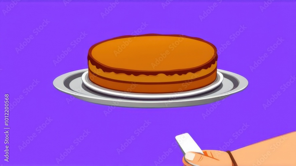 Cartoon hand holding metal tray with Cake isolated over Purple background Cartoon hand holding metal tray with Cake isolated over Purple background