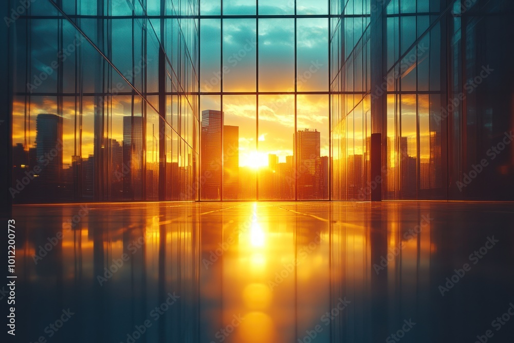 A cityscape seen through the glass windows of a modern building at sunset.