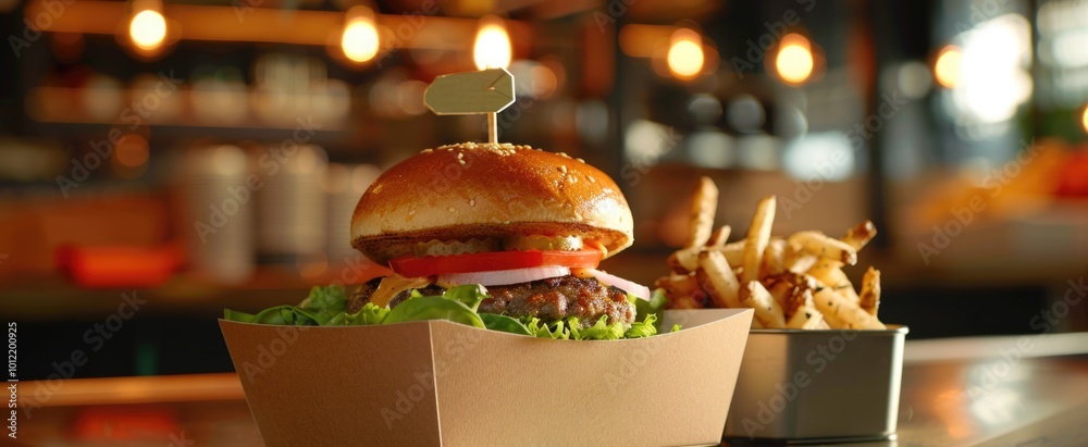National Burger Day, banner with Juicy cheeseburger with fries on wooden table in cozy restaurant National Burger Day, banner with Juicy cheeseburger with fries on wooden table in cozy restaurant