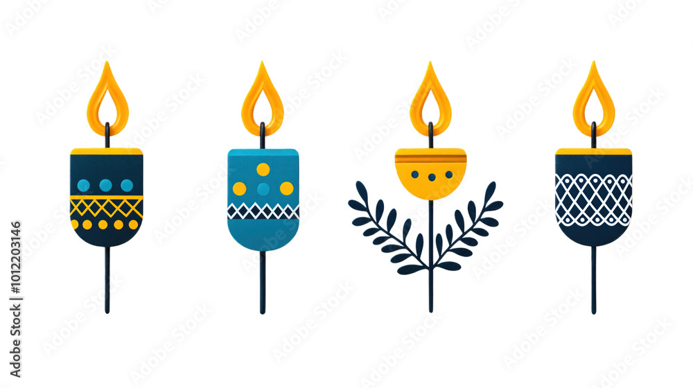 Set of Hanukkah candles with geometric patterns, isolated PNG on transparent background