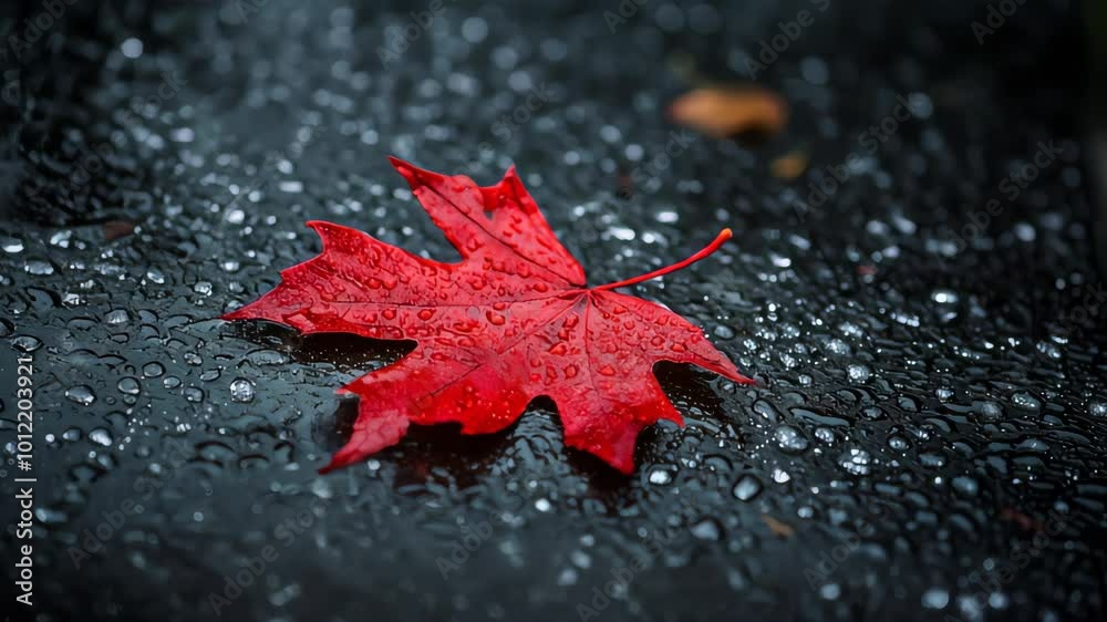 Macro shot of a vibrant red maple leaf with water droplets on wet ground
Macro shot of a vibrant red maple leaf with water droplets on wet ground