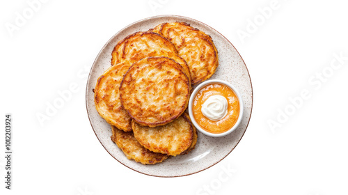 Traditional Jewish latkes with sour cream and applesauce, isolated PNG on transparent background, flat lay photo