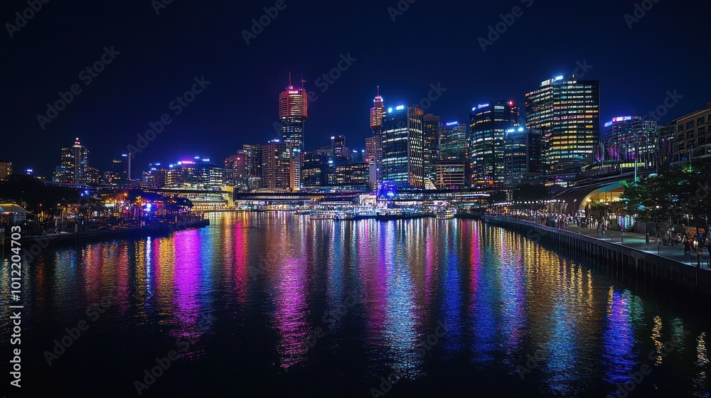 Nighttime Cityscape with Reflections on Water Nighttime Cityscape with Reflections on Water