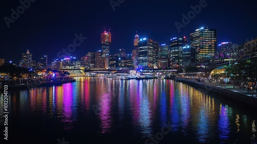 Nighttime Cityscape with Reflections on Water