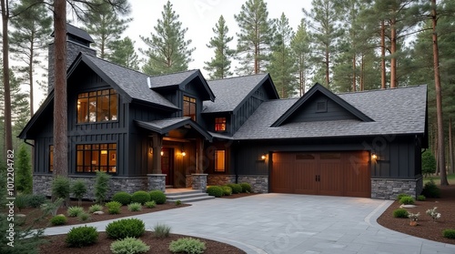 Contemporary black home with forest views 