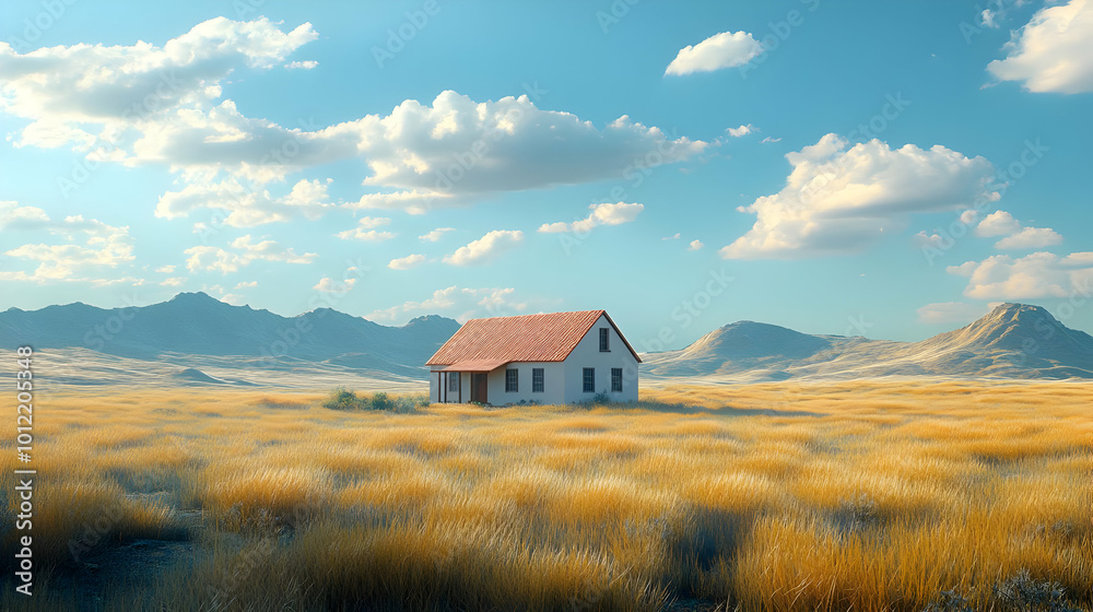 Small House in a Field of Tall Grass 3D Illustration