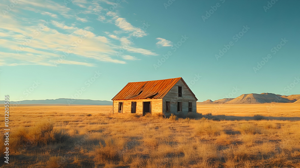 Abandoned Wooden House in a Field at Sunset - Realistic Image Abandoned Wooden House in a Field at Sunset - Realistic Image