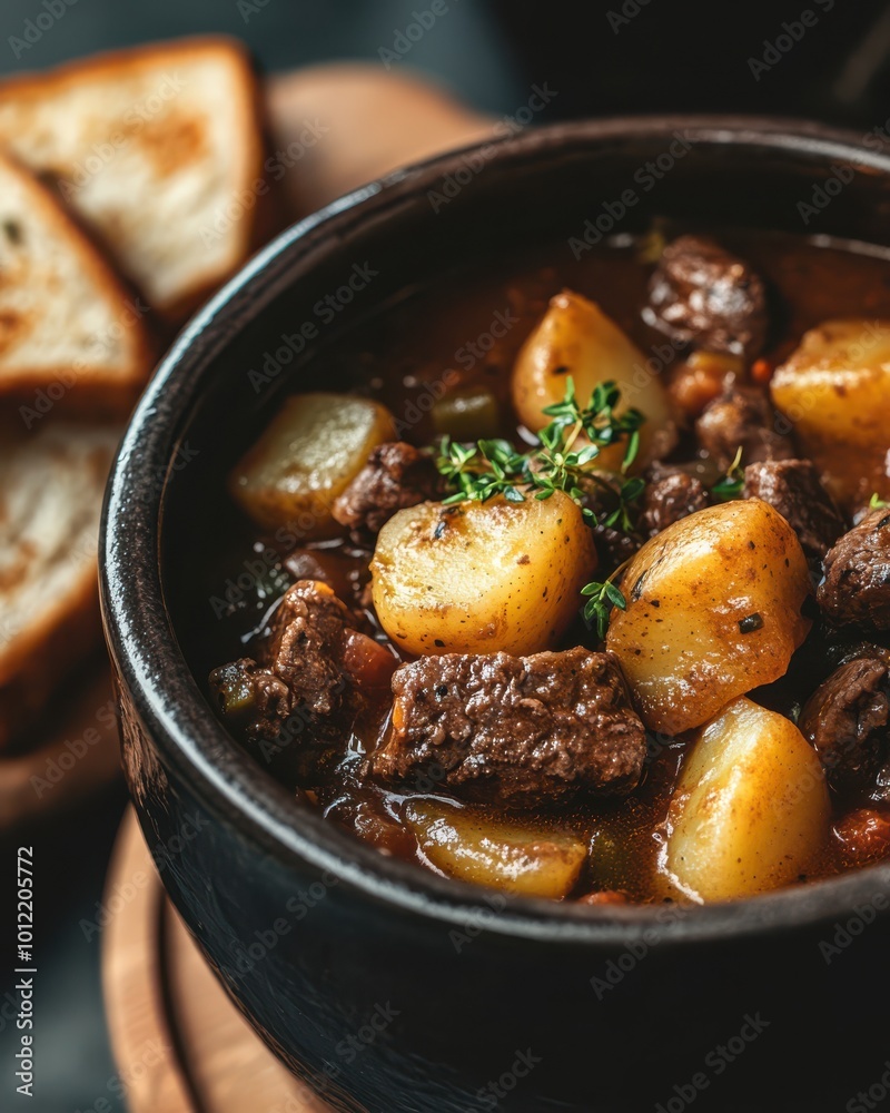 Hearty Beef Stew with potato in crock pot and a side of toast Hearty Beef Stew with potato in crock pot and a side of toast