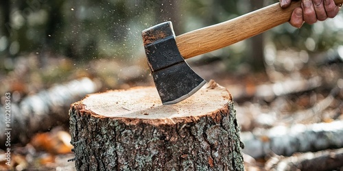 axe cutting tree stump  photo