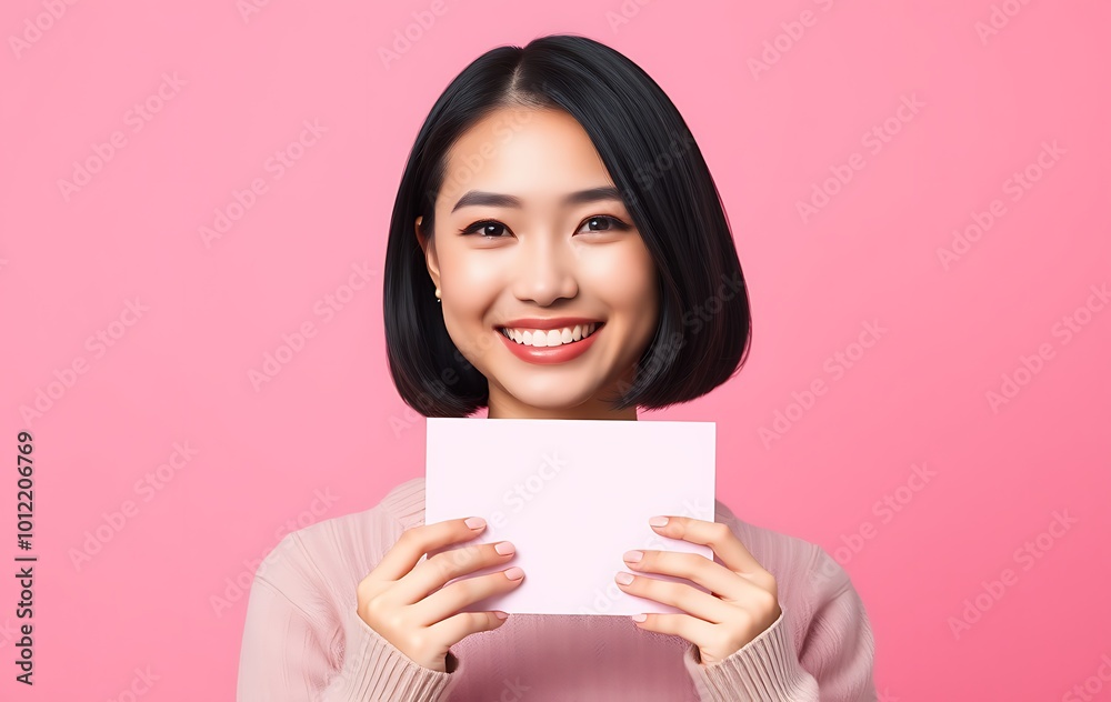 Studio shot of woman with bright smile, bobbed black hair, showing empty space for your advertisement, isolated on pink background Studio shot of woman with bright smile, bobbed black hair, showing empty space for your advertisement, isolated on pink background