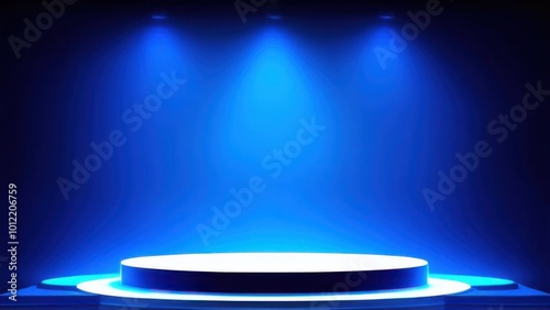 Blue background. 3d podium stage, empty platform in neon light, abstract display or circle studio product pedestal. Shop promotion backdrop with glowing showcase