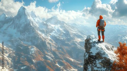 Climber Standing on Snowy Mountain Peak Illustration